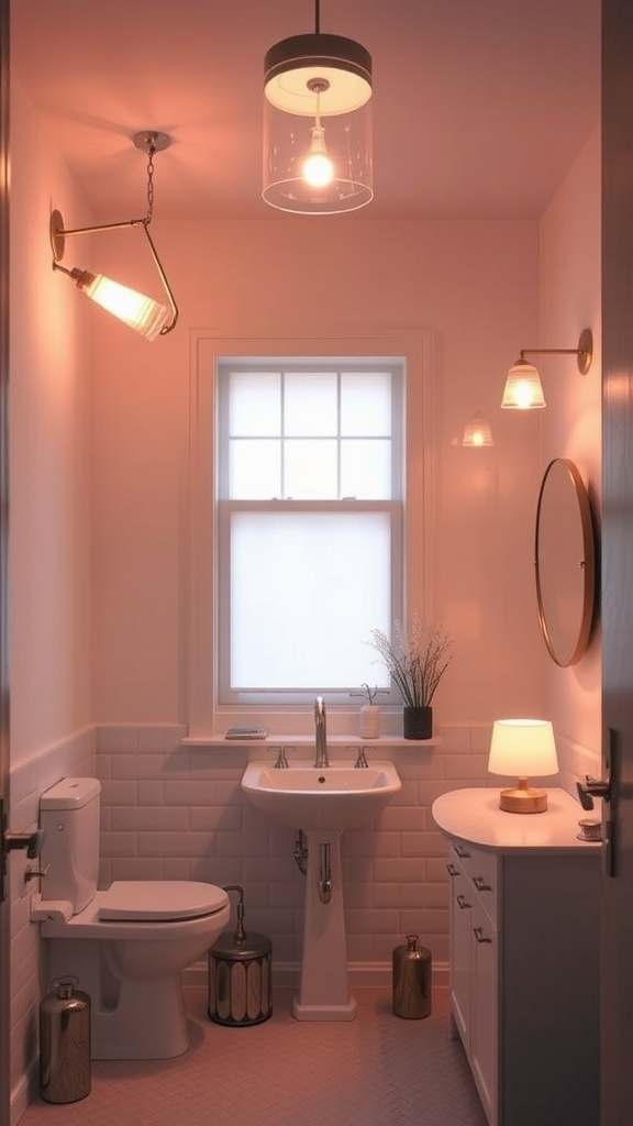 A mid-century modern bathroom featuring unique lighting solutions, including a pendant light and wall-mounted fixtures.