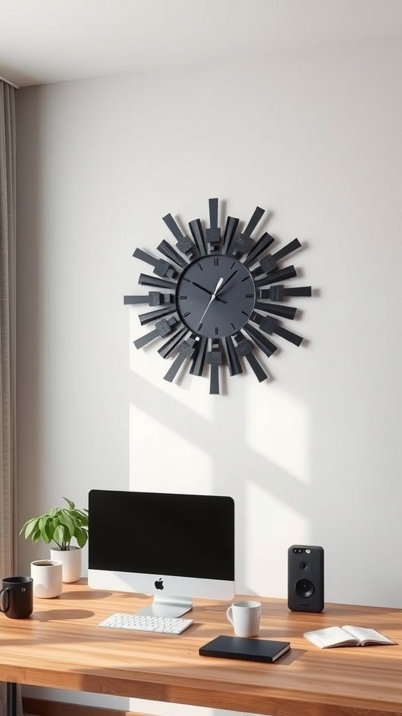 A modern 3D printed wall clock with a sunburst design on a light wall above a wooden desk.