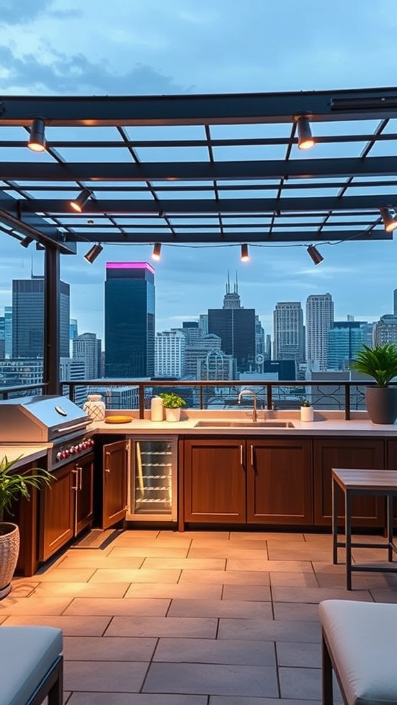 A modern urban rooftop kitchen with a grill and city skyline view.