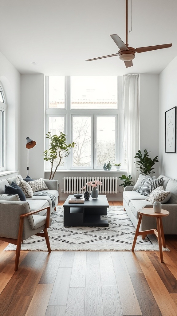 A Scandinavian living room featuring a geometric rug, light furniture, and plants.
