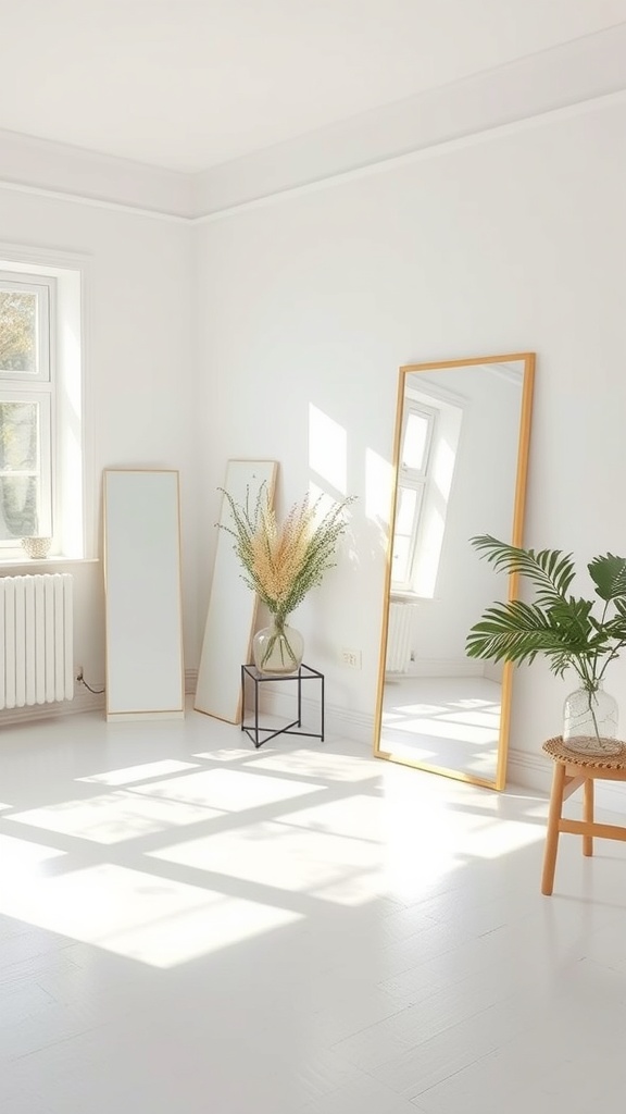 Bright Scandinavian-style room with large mirrors reflecting light