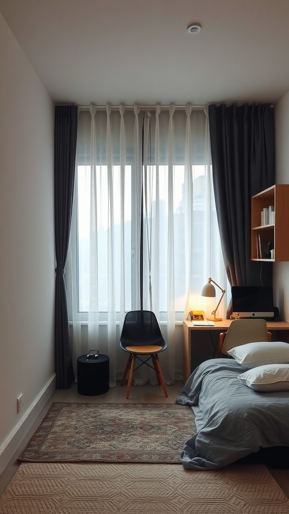 A small bedroom with sheer and dark curtains framing a window, a chair, desk, and bed.