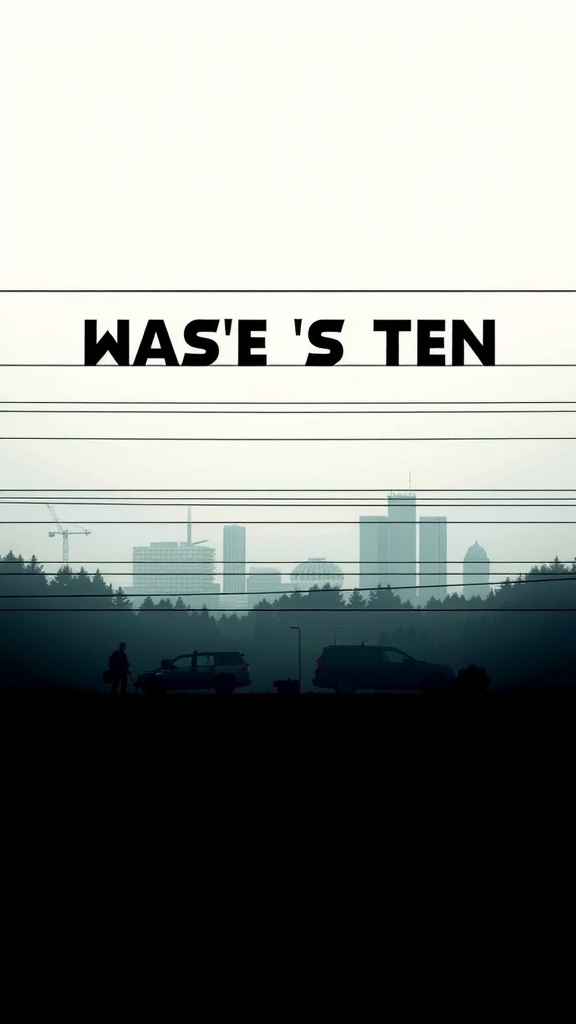 A silhouette of a city skyline with power lines in the foreground and bold text overlay.