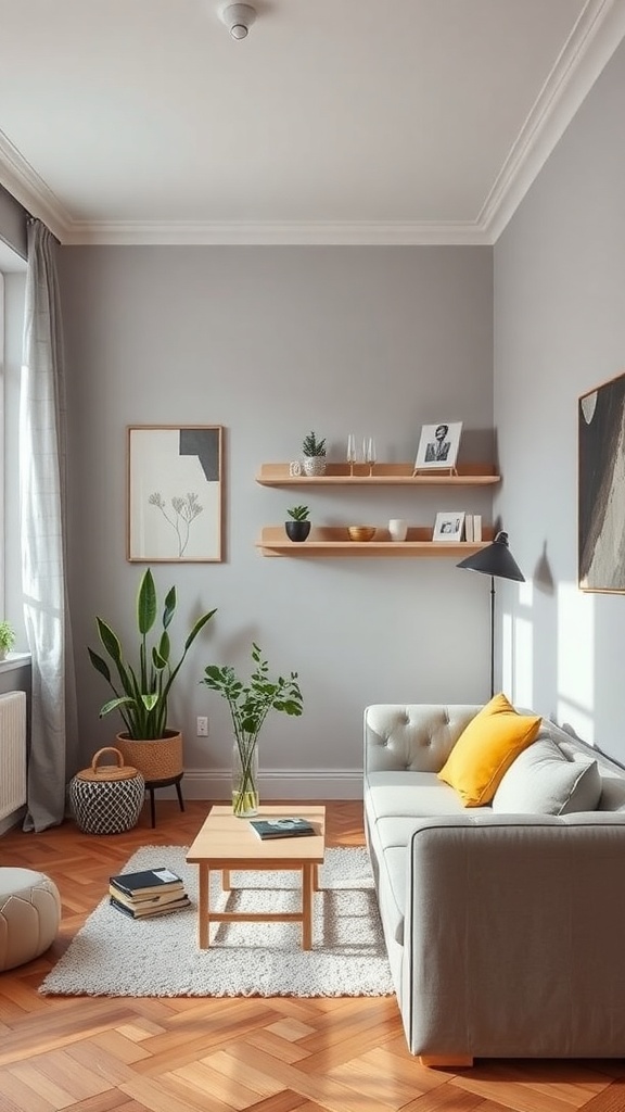A cozy Scandinavian living area with multi-functional furniture, featuring light wood tones and gray cabinetry.