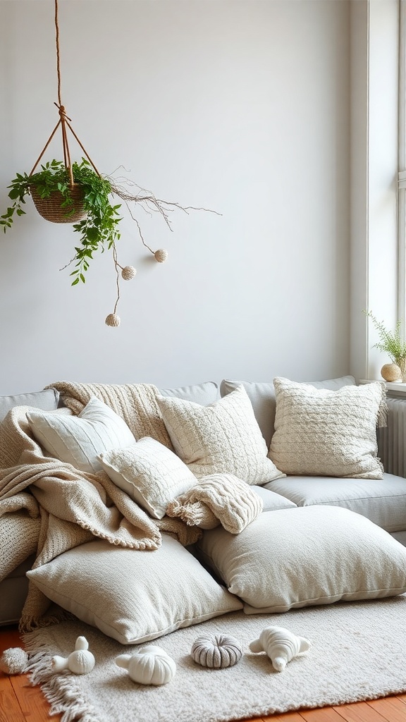 A cozy sofa with soft pillows and a warm throw blanket, creating a comfortable Scandinavian-inspired space.