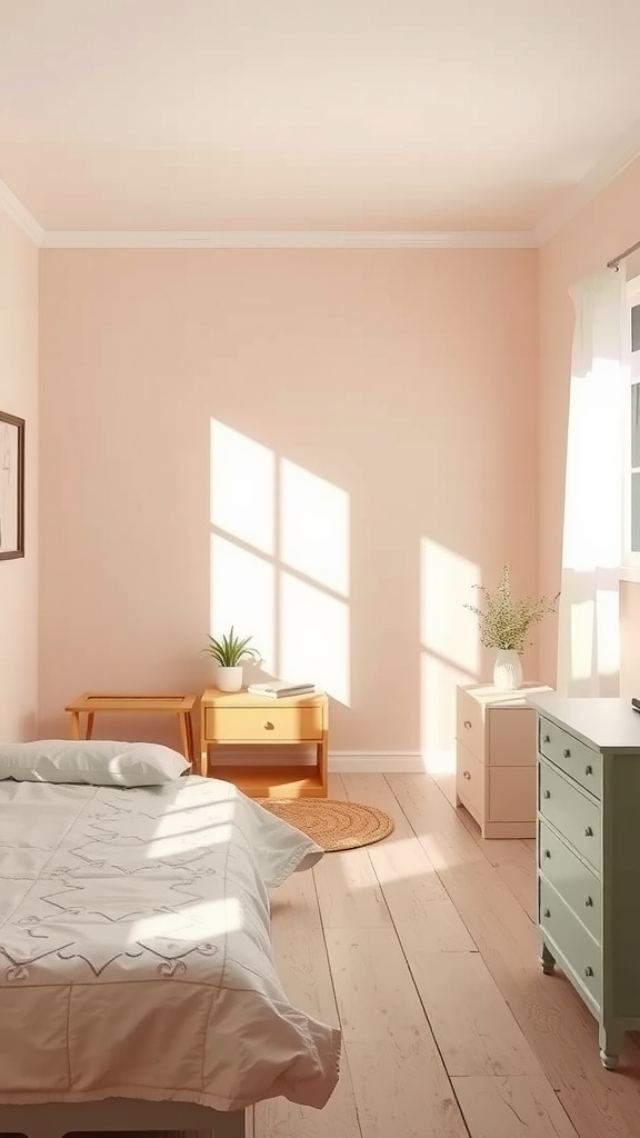 A small bedroom with light pink walls, a bed with white bedding, and soft natural light coming through the window.