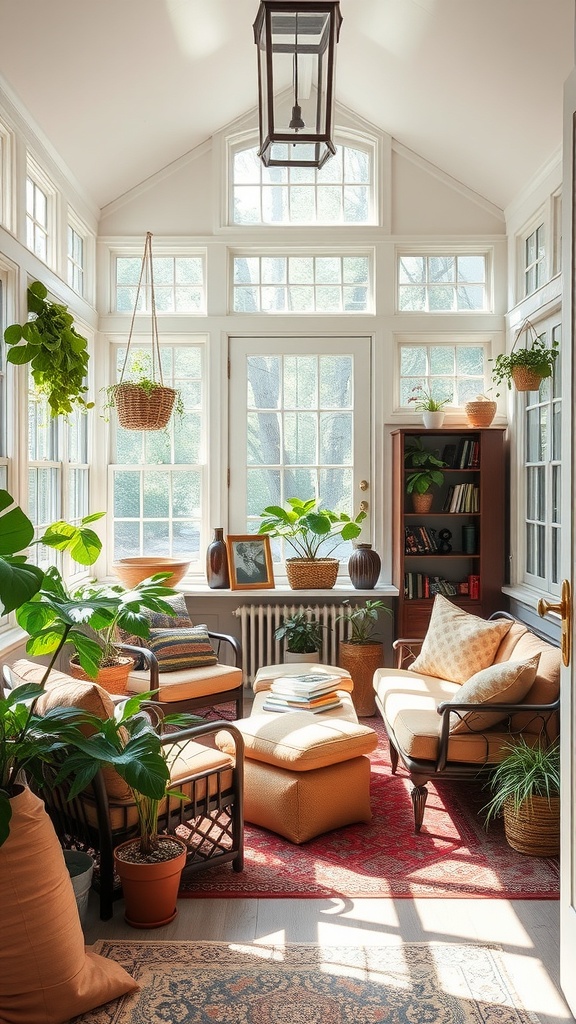 A bright sunroom filled with plants and cozy seating, perfect for reading.