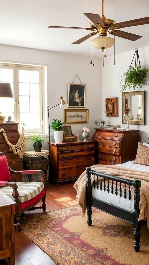 A cozy bedroom featuring vintage wooden furniture, a red armchair, and decorative plants.