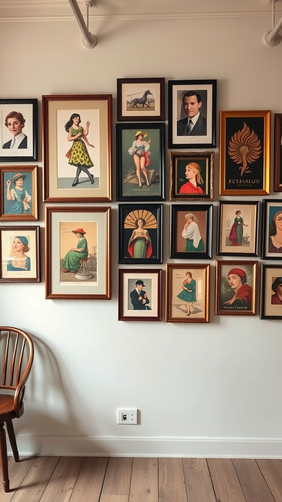 A wall adorned with various vintage art prints and portraits in different frames.