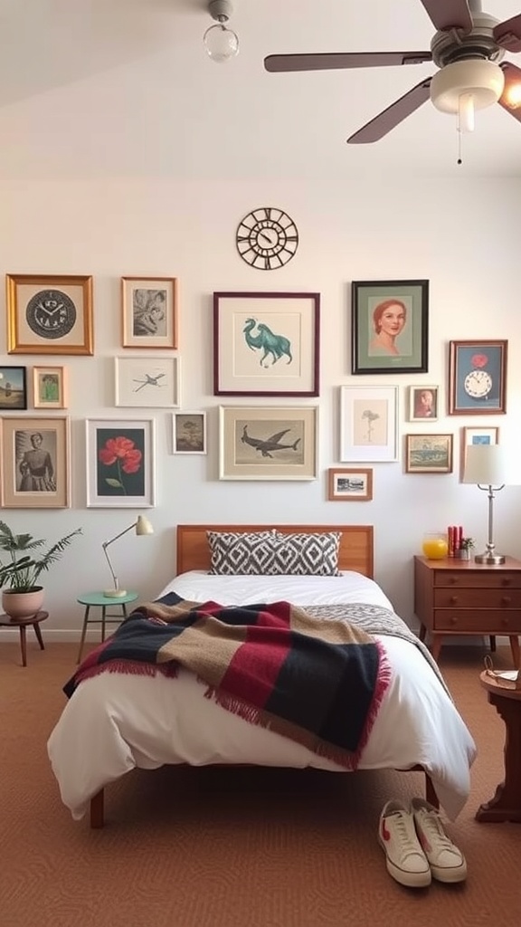 A mid-century modern bedroom featuring a gallery wall of vintage artwork, a bed with a patterned throw, and stylish decor.