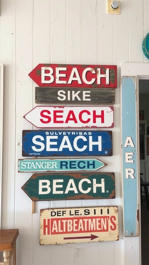 A collection of vintage beach signs with various directions and names.