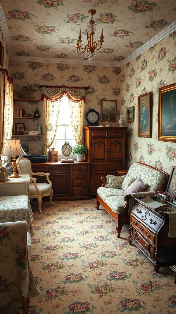 A vintage bedroom with floral wallpaper, antique furniture, and soft lighting.