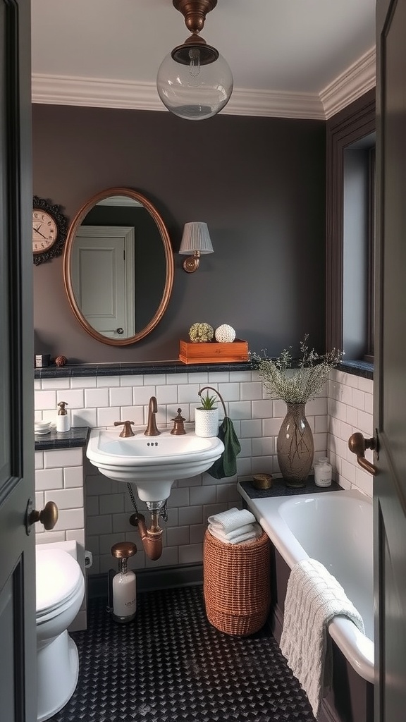 A modern luxury bathroom featuring vintage elements, dark walls, white subway tiles, and brass fixtures.