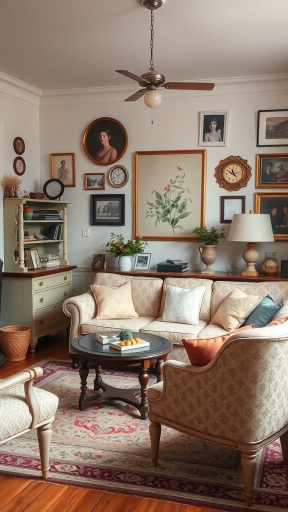 Cozy vintage living room with antique decor and soft furnishings