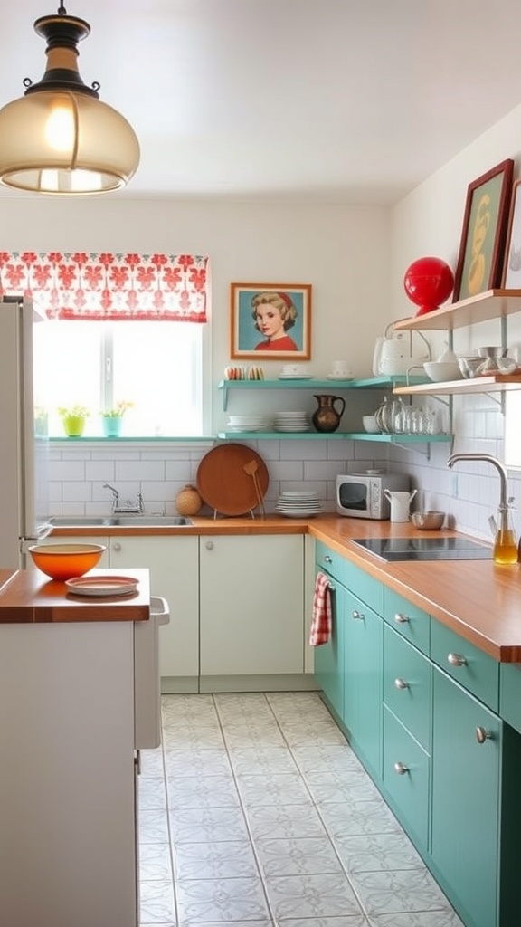 A vintage-inspired kitchen with mint green cabinets, wooden countertops, and decorative elements like a portrait and colorful accents.