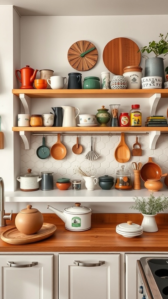 A cozy kitchen with open shelves displaying colorful vintage ceramics and wooden accents.