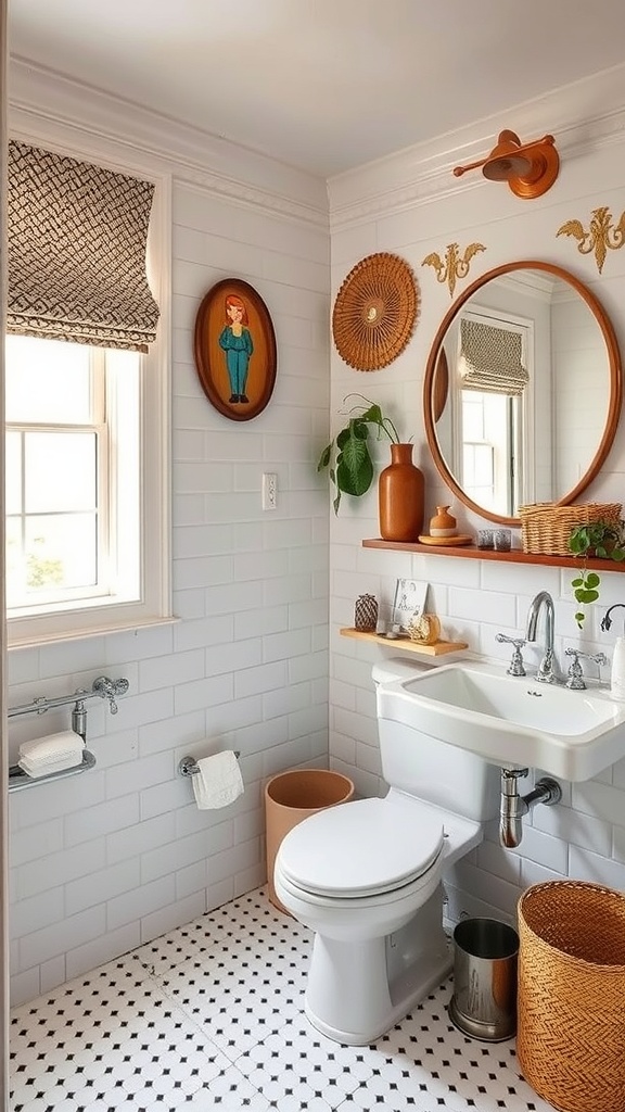 A vintage-inspired bathroom featuring a round sink, classic toilet, and unique wall art.