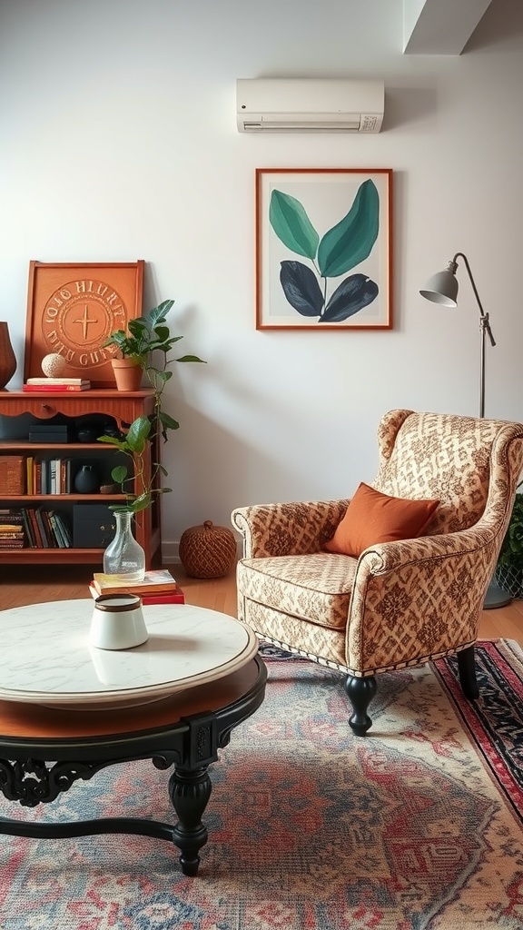 A cozy living room corner featuring a vintage patterned armchair, round coffee table, and a wooden shelf with books and plants.