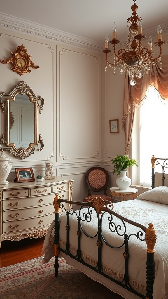 A vintage glamour bedroom featuring elegant furniture, soft fabrics, and a chandelier.