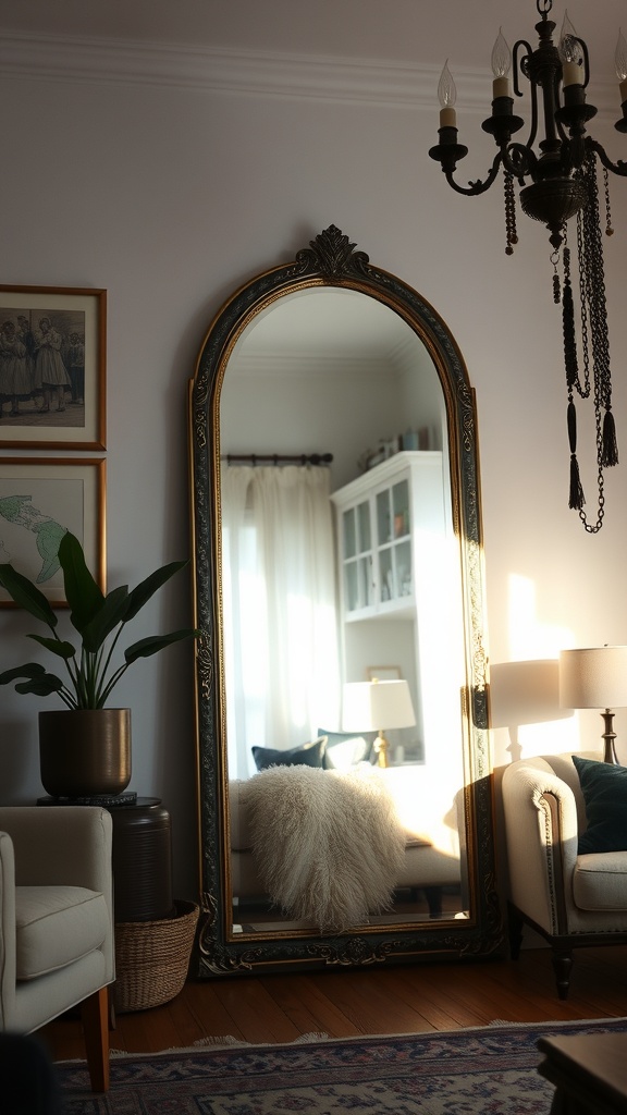 A vintage mirror with an ornate frame reflecting light in a cozy living room setting.