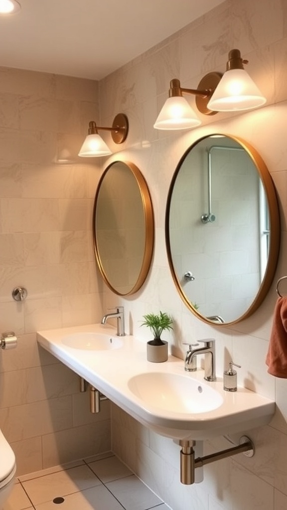 A mid-century modern bathroom featuring a round vintage mirror, a white sink, and a bathtub.