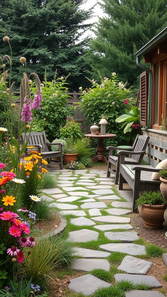 A serene garden path with stone pavers, surrounded by colorful flowers and greenery, leading to wooden benches.