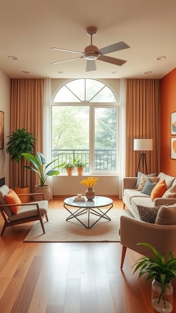 A warm and inviting mid-century modern living room with orange walls, a large window, and cozy furniture.