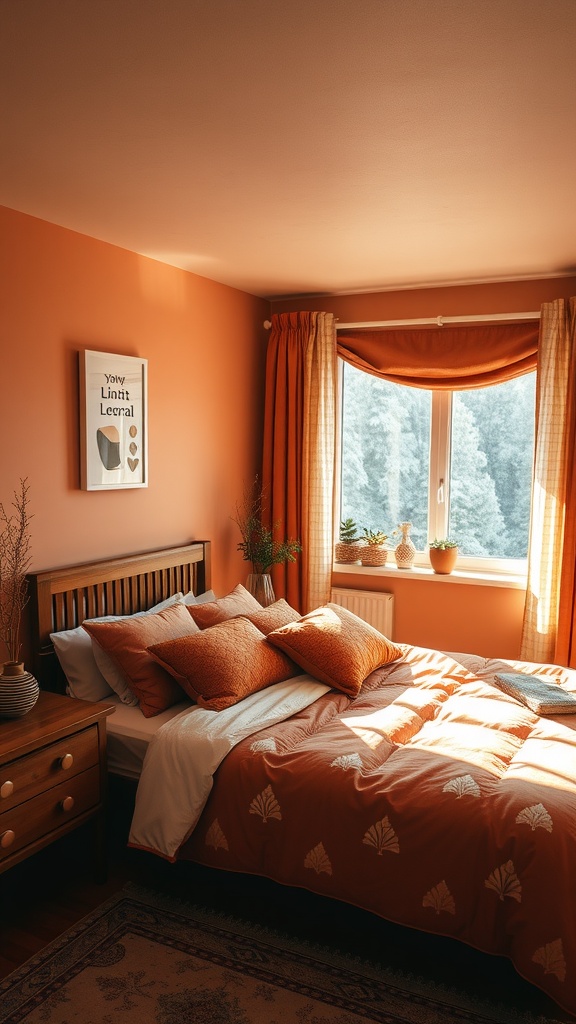 Cozy bedroom with warm orange tones, wooden furniture, and natural light