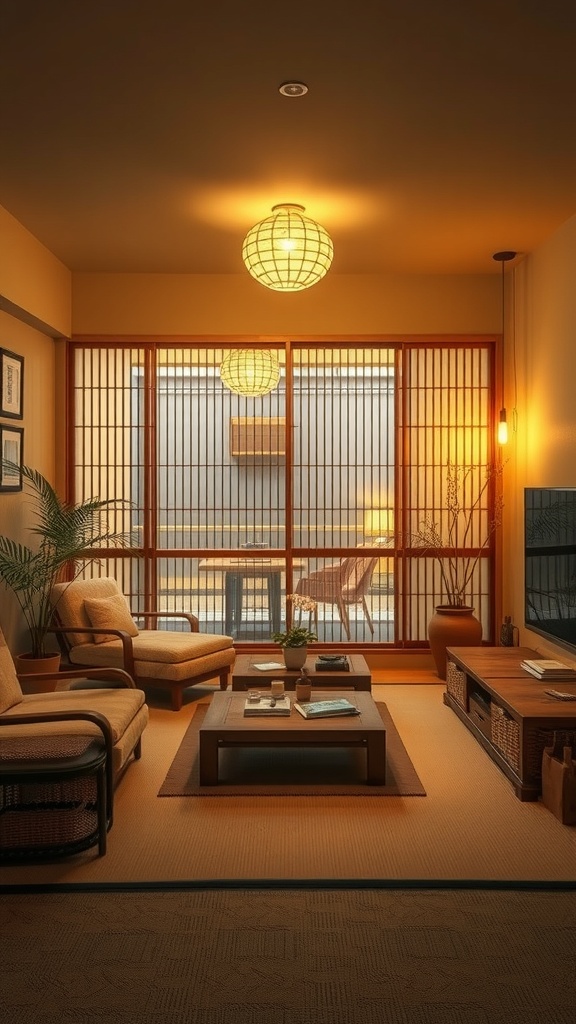 A cozy room with warm lighting, featuring shoji-style windows and comfortable seating.