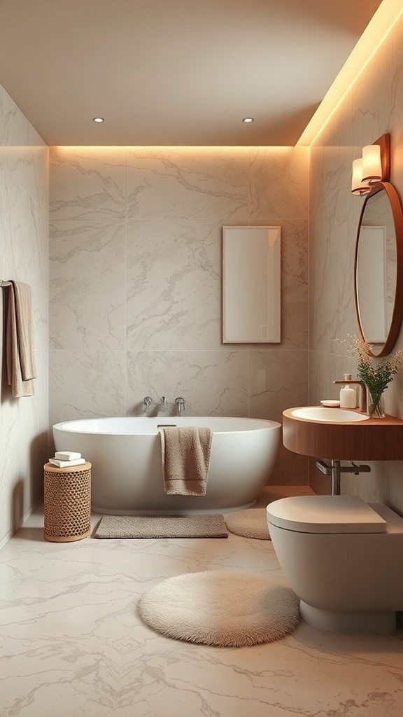 A modern luxury bathroom featuring warm tones, a freestanding bathtub, and cozy textiles.