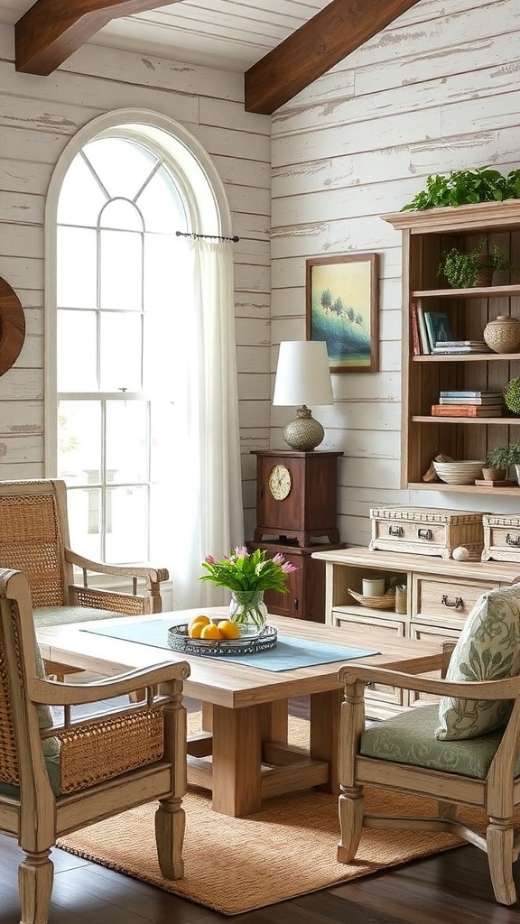 Cozy living room with weathered wood finishes and coastal decor