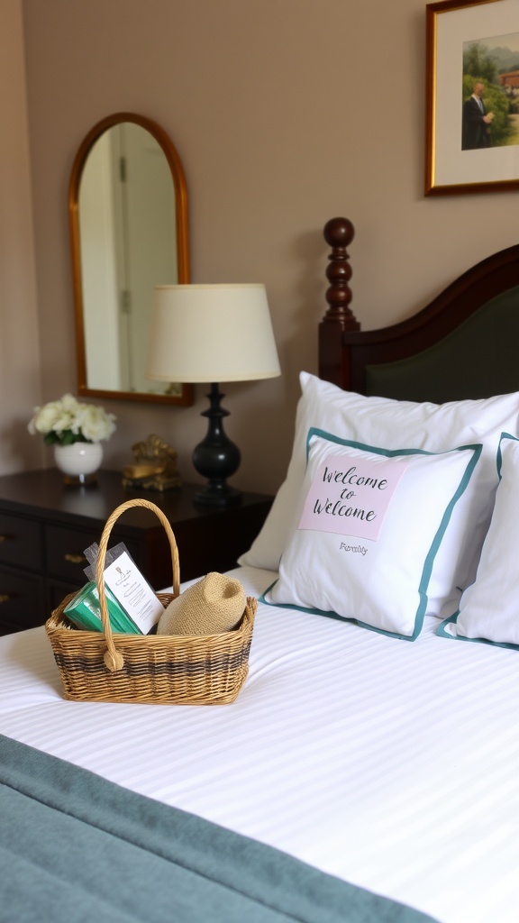A cozy guest bedroom with a welcoming pillow and a basket of thoughtful items.