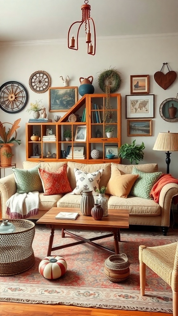 A cozy living room with a sofa, colorful cushions, a coffee table, and whimsical decor accessories.