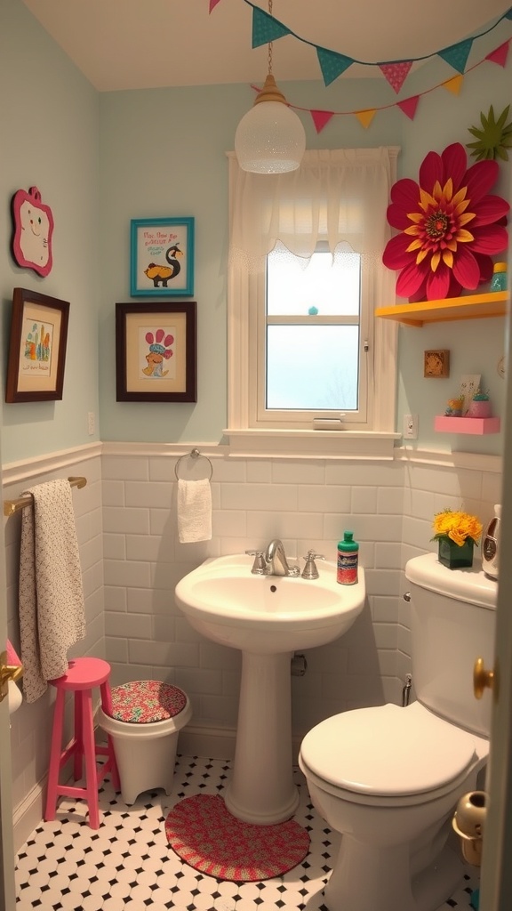 A colorful bathroom with light blue walls, whimsical art, and vibrant decor.