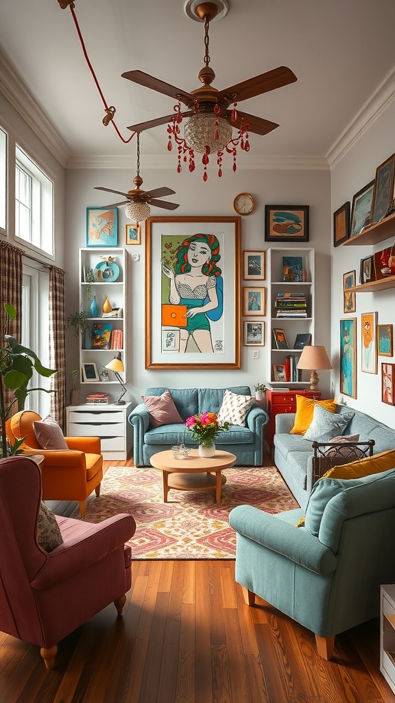 A colorful living room featuring artistic decor, cozy seating, and vibrant artwork.