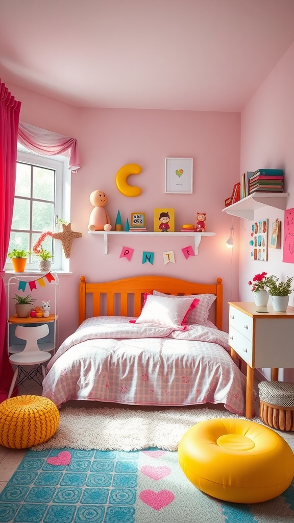 A whimsical bedroom with pink walls, colorful decor, and playful furnishings.