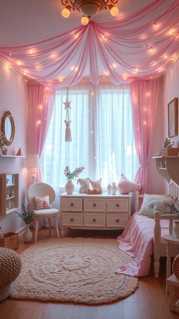 Aesthetic bedroom with pink drapes, fairy lights, and cozy decor.