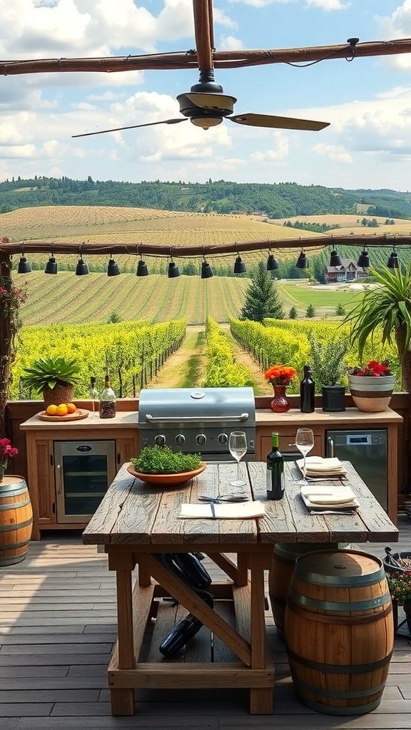Outdoor kitchen with vineyard views, featuring a grill, wooden table, and wine barrels.