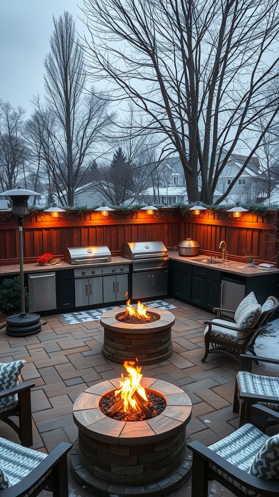 A winter-ready outdoor kitchen featuring fire pits and comfortable seating.