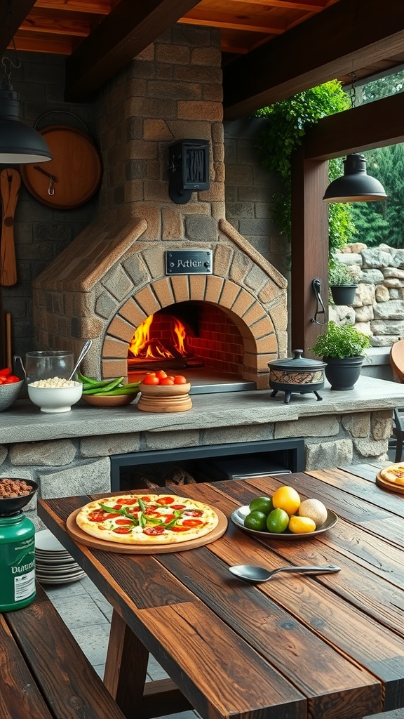 A cozy outdoor kitchen featuring a wood-fired pizza oven with a pizza ready to bake.