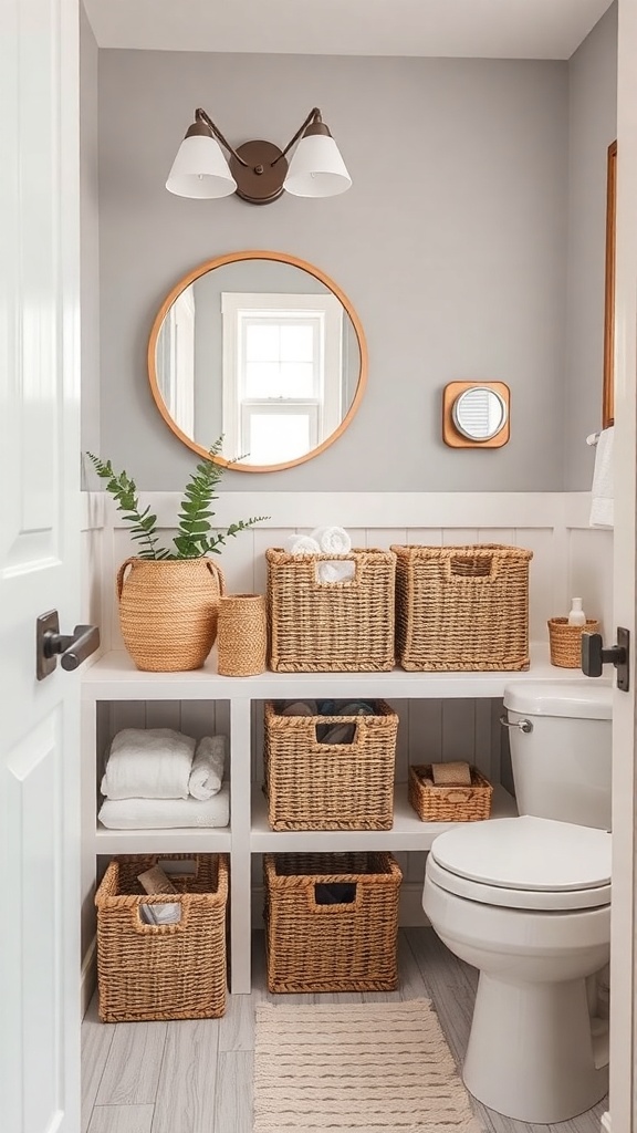 A boho-inspired bathroom featuring woven baskets for storage, a mirror, and a plant.