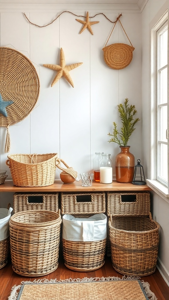 A cozy corner featuring woven baskets for storage, coastal decor elements, and a warm atmosphere.