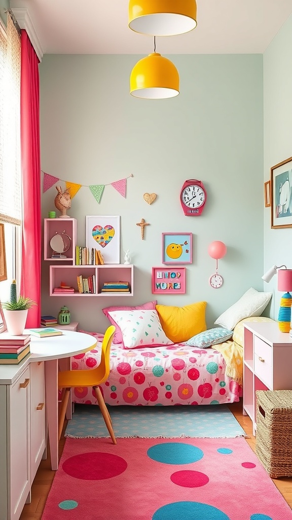 A colorful and playful bedroom featuring bright decor, a cozy bed, and cheerful accents.