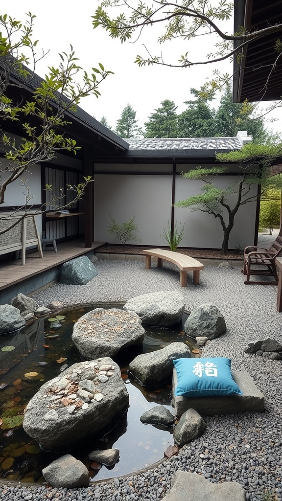 A serene outdoor space featuring stones, a water feature, and a wooden bench, embodying Japandi decor.
