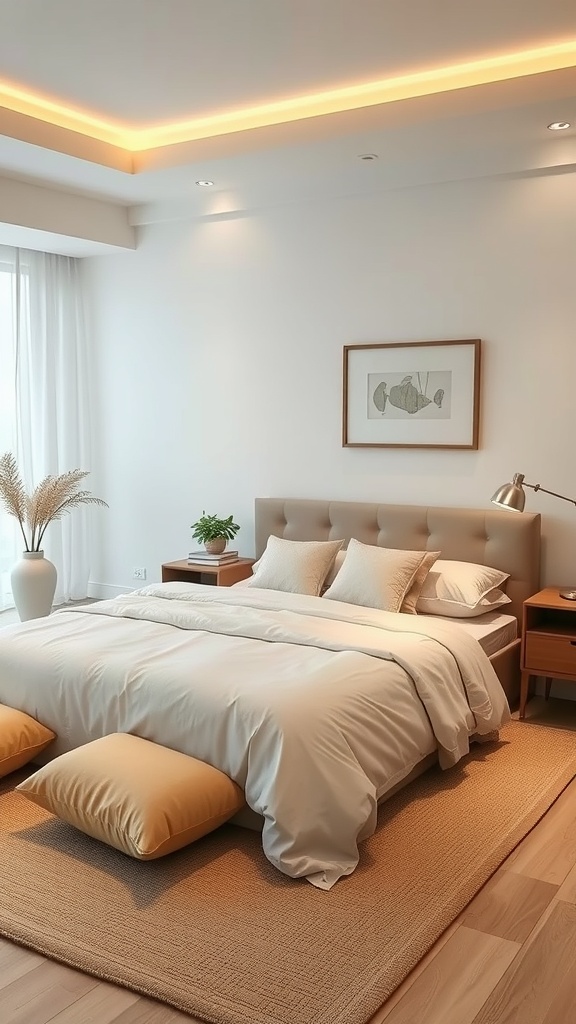 A serene bedroom with soft bedding, cushions, and natural elements for a zen meditation space.
