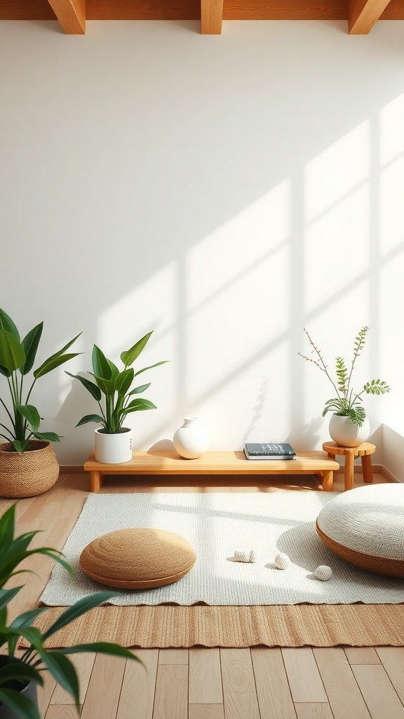 A serene bedroom with natural elements, featuring plants, soft cushions, and warm wooden accents.