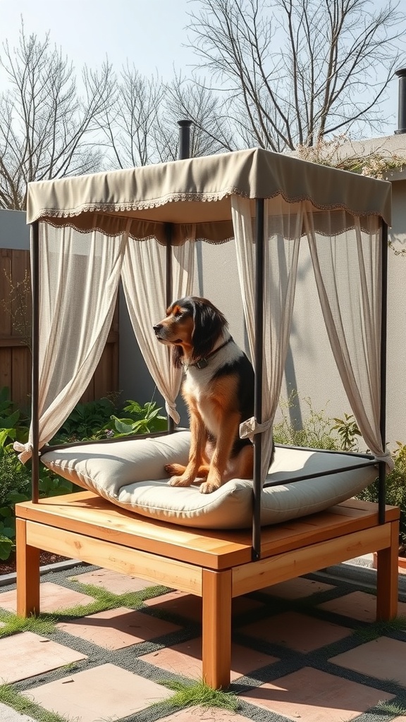 An elevated dog bed with a canopy, featuring a dog sitting comfortably on a cushion.