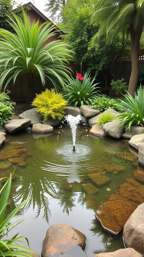 A serene backyard pond with a fountain, surrounded by lush greenery and colorful flowers.