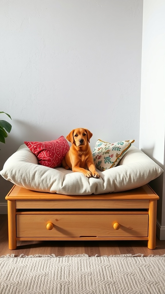 A cozy elevated dog bed with a large cushion and decorative pillows, featuring a dog lounging comfortably.