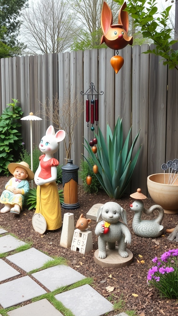 A colorful backyard featuring decorative garden art including statues, wind chimes, and plants.